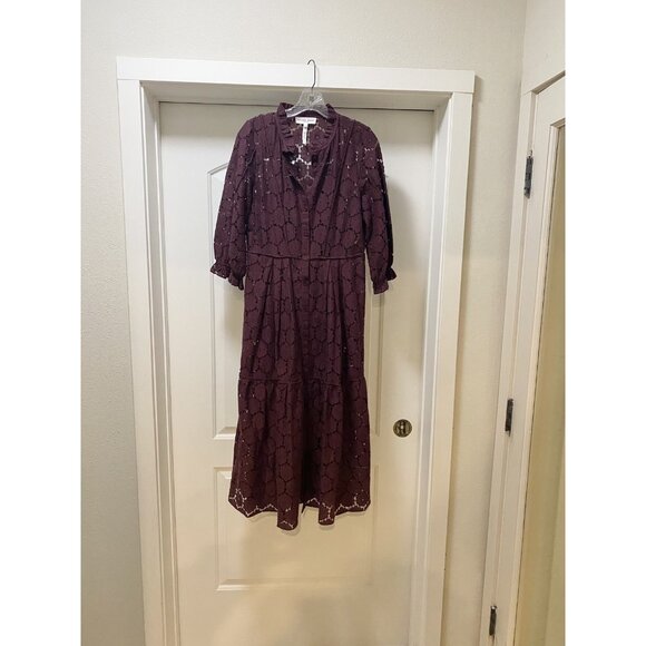 Apiece Apart Dress Womens 4 Purple Lace Eyelet Midi Tiered Button Up Ruffle Boho - Picture 1 of 5
